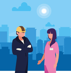 Fototapeta premium couple of professional workers in cityscape at sunrise