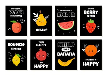 Vector set of cards with cute cartoon fruits and quotes. Template for cards, banners, posters, calendars.
