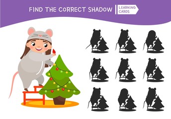 Educational  game for children. Find the right shadow. Kids activity with cute girl in mouse costume.