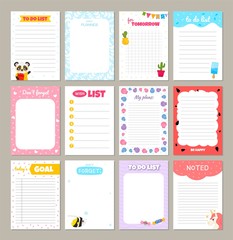 Vector cards for notebook, diary, stickers and other template. Cute cartoon illustration.