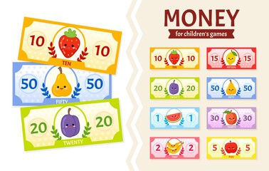 Vector set of paper money for children's games. Cute cartoon fruits. Learning material for kids.