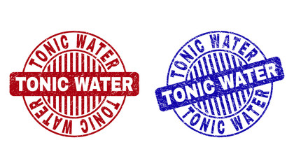 Grunge TONIC WATER round stamp seals isolated on a white background. Round seals with grunge texture in red and blue colors. Vector rubber imprint of TONIC WATER label inside circle form with stripes.