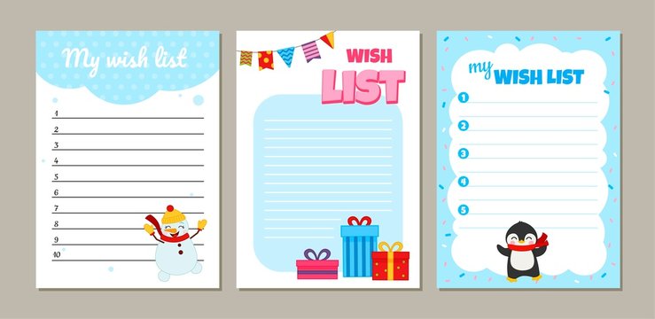 My wish list: page template.  Template for kids. Illustration of cute characters.