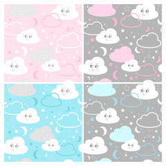 Obraz premium set children seamless pattern with cute clouds, stars. vector illustration baby seamless pattern