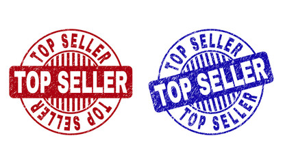 Grunge TOP SELLER round stamps isolated on a white background. Round seals with grunge texture in red and blue colors. Vector rubber imprint of TOP SELLER label inside circle form with stripes.