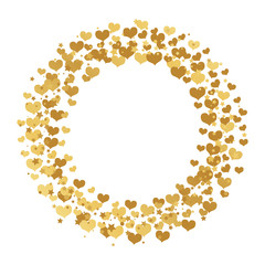Round frame with gold confetti hearts, stars and circles isolated on white background. Golden explosion of confetti. Holiday background. 