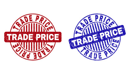 Grunge TRADE PRICE round stamp seals isolated on a white background. Round seals with grunge texture in red and blue colors.