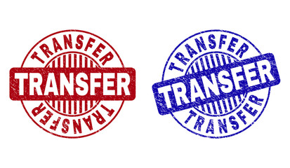 Grunge TRANSFER round stamp seals isolated on a white background. Round seals with grunge texture in red and blue colors. Vector rubber imitation of TRANSFER tag inside circle form with stripes.