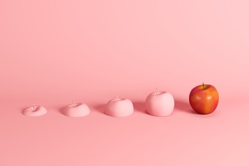 Outstanding fresh red apple and slices of apple painted in pink on pink background. Minimal fruit...