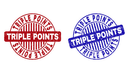 Grunge TRIPLE POINTS round stamp seals isolated on a white background. Round seals with grunge texture in red and blue colors.