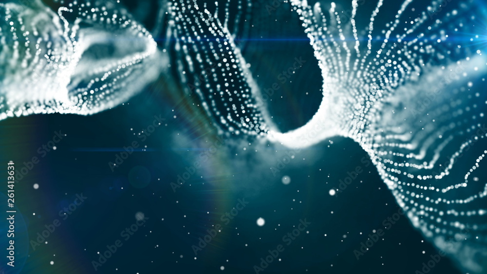 Poster dof particles, beautiful wavy surface with fabric effect, 3d rendering background, computer renderin