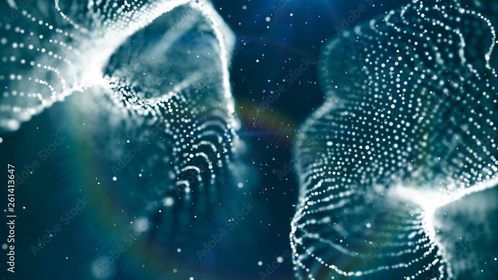 Poster dof particles, beautiful wavy surface with fabric effect, 3d rendering background, computer renderin