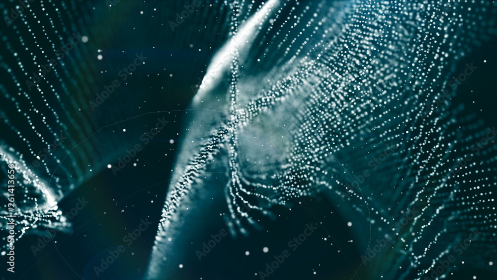 Poster dof particles, beautiful wavy surface with fabric effect, 3d rendering background, computer renderin