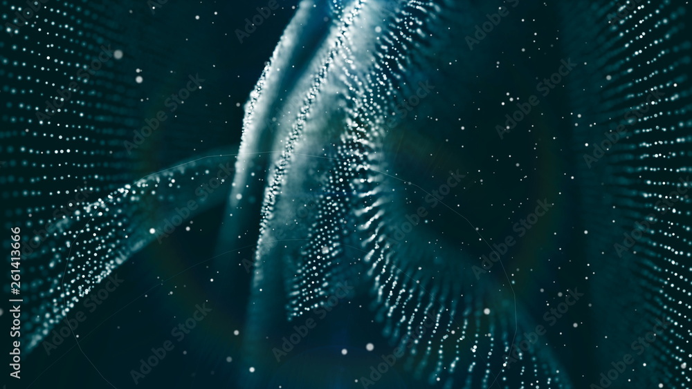 Poster dof particles, beautiful wavy surface with fabric effect, 3d rendering background, computer renderin