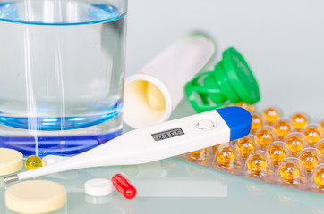 Different medicines: tablets, pills in blister pack, medications drugs, macro, selective focus, copy space