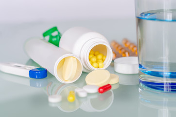 Different medicines: tablets, pills in blister pack, medications drugs, macro, selective focus, copy space