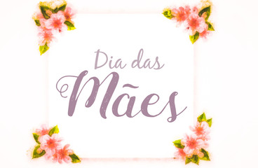 Obraz premium model, with hand-painted flowers, with beautiful flowers. Mother's day card with flower flowers, text in Brazilian Portuguese.