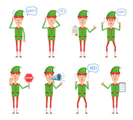 Set of Christmas elf characters posing in different situations. Cheerful elf talking on phone, thinking, surprised, angry, holding loudspeaker, stop sign, document. Flat vector illustration