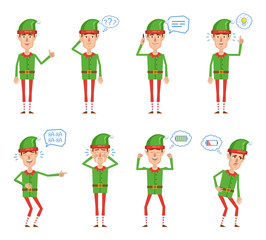 Set of Christmas elf characters posing in different situations. Cheerful elf talking on phone, thinking, pointing up, laughing, crying, tired, full of energy. Flat style vector illustration