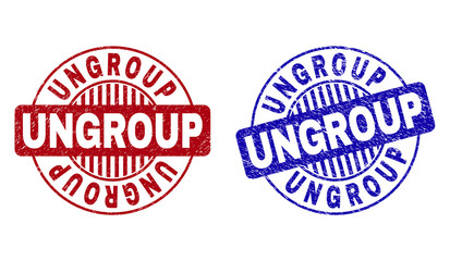 Grunge UNGROUP round stamp seals isolated on a white background. Round seals with grunge texture in red and blue colors. Vector rubber overlay of UNGROUP text inside circle form with stripes.