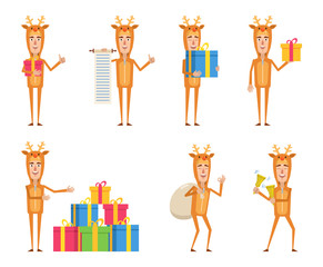 Naklejka premium Man wearing reindeer Christmas costume posing in different situations. Reindeer mascot holding gift box, scroll, jingle bells, gift bag. Flat style vector illustration