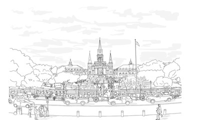 Hand drawn illustration. Jackson Square in the French Quarter in New Orleans on a busy day, with the St. Louis Cathedral rising above the beautiful park.