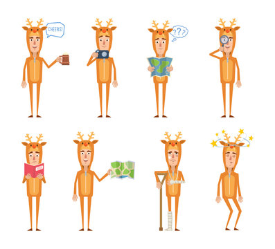 Man wearing reindeer Christmas costume posing in different situations. Reindeer man holding mug of beer, photo camera, map, book, magnifier, injured, dizzy, thinking. Flat style vector illustration