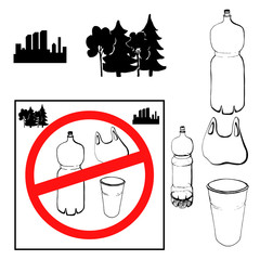 The concept of pollution problems. Say no to plastic bags, bottles, glasses. Images in the style of a sketch with signs calling to stop the use of plastic bags, bottles, glasses in the woods and in