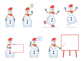 Set of Christmas snowman characters posing in different situations. Cheerful snowman pointing up, skating, jumping, talking on the phone, holding banner. Flat style vector illustration