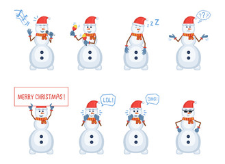 Set of Christmas snowman characters posing in different situations. Cheerful snowman karaoke singing, dancing, sleeping, thinking, surprised, laughing, holding banner. Flat vector illustration