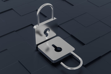 3d rendering, metal lock with digital concept background