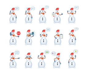 Big set of snowman characters showing different actions. Cheerful snowman talking on phone, surprised, thinking, holding stop sign, loudspeaker and doing other actions. Flat vector illustration