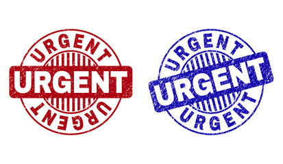 Grunge URGENT round stamp seals isolated on a white background. Round seals with grunge texture in red and blue colors. Vector rubber imitation of URGENT tag inside circle form with stripes.