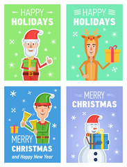 Set of different Christmas posters. Christmas greeting card, placard. Cheerful Santa Claus, elf, snowman, man wearing reindeer costume posing in different situations. Flat style vector illustration