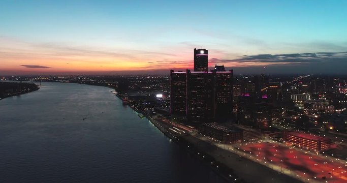 Skyline of Detroit Michigan at sunset aerial
