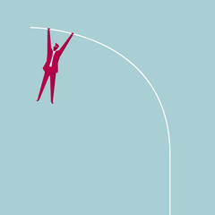 Businessman pole vault. Isolated on blue background.