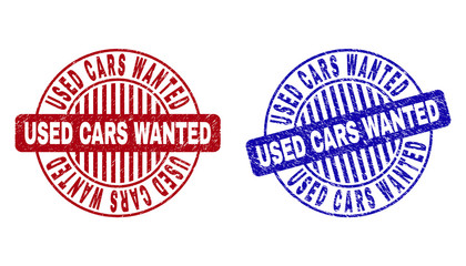 Grunge USED CARS WANTED round stamp seals isolated on a white background. Round seals with grunge texture in red and blue colors.