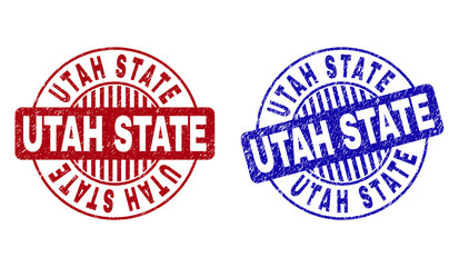 Grunge UTAH STATE round stamp seals isolated on a white background. Round seals with grunge texture in red and blue colors.