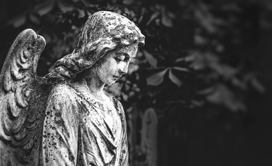 angel statue in cemetery, beautiful tombstone. sad angel. concept of memory, religion. background for condolence, mourning cards or obituary. Remember, mourn, condolences. black-white tone. soft focus
