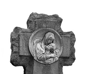 statue in cemetery of Holy Mary holding dead Corpus Jesus Christ Isolated on white. statue Mary and...