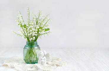 spring season, festive design. bouquet lilies of valley and angel. Lily of the valley day in France. Holiday background. 8 march, women day, Mothers Day concept greeting card. copy space, soft focus