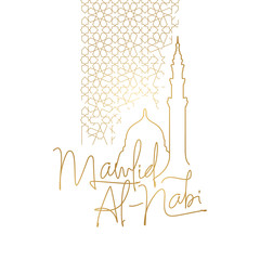 Mawlid al Nabi islamic greting monoline geometric pattern and nabawi mosque illustration
