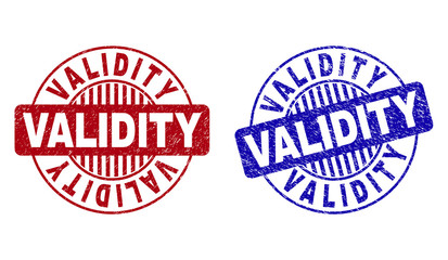 Grunge VALIDITY round stamp seals isolated on a white background. Round seals with grunge texture in red and blue colors. Vector rubber overlay of VALIDITY label inside circle form with stripes.