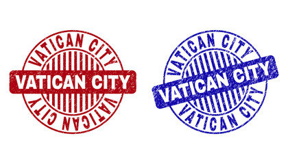 Grunge VATICAN CITY round stamp seals isolated on a white background. Round seals with grunge texture in red and blue colors.