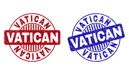 Grunge VATICAN round stamp seals isolated on a white background. Round seals with grunge texture in red and blue colors. Vector rubber imitation of VATICAN text inside circle form with stripes.