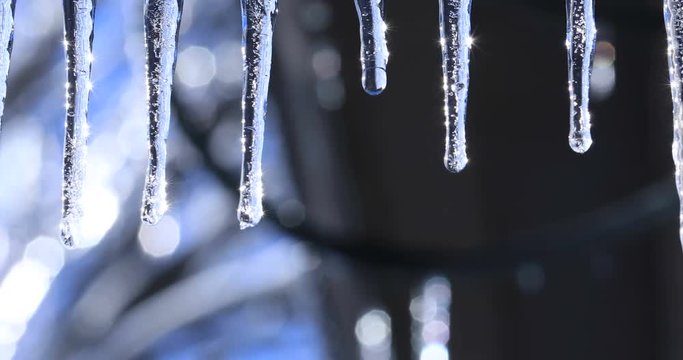 Amazing footage with magic icicle on beautiful bright background. Spring or winter landscape with crystal icicles and falling shiny drops. Stalactites with water drops hang from the roof