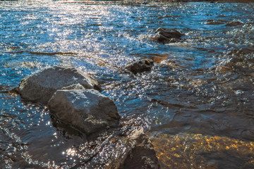 Water streams of a mountain river washing stones covered with colored moss.