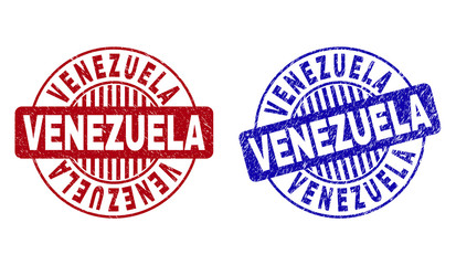 Grunge VENEZUELA round stamp seals isolated on a white background. Round seals with distress texture in red and blue colors. Vector rubber overlay of VENEZUELA title inside circle form with stripes.