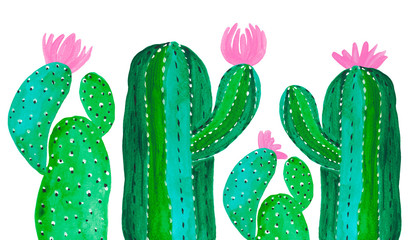 Banner set pattern Hand-painted set of decorative cactus in fantasy style Set of flowering plants