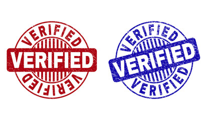 Grunge VERIFIED round stamp seals isolated on a white background. Round seals with grunge texture in red and blue colors. Vector rubber imitation of VERIFIED caption inside circle form with stripes.